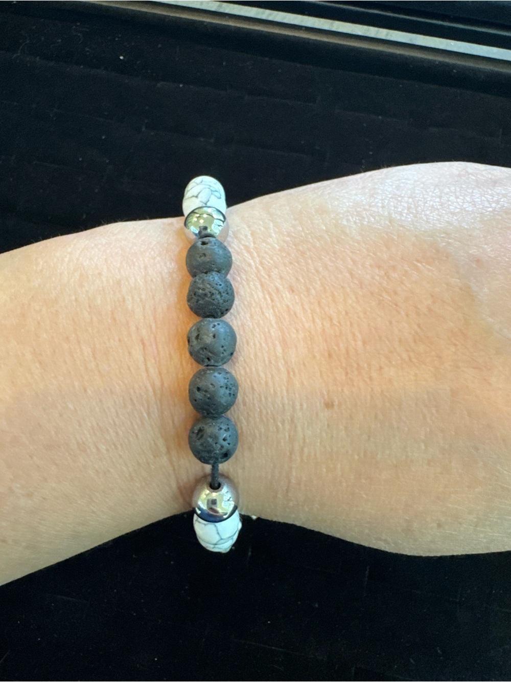 Black Lava Stone Howlite Beaded Bracelet Silver Tone Adjustable Boho